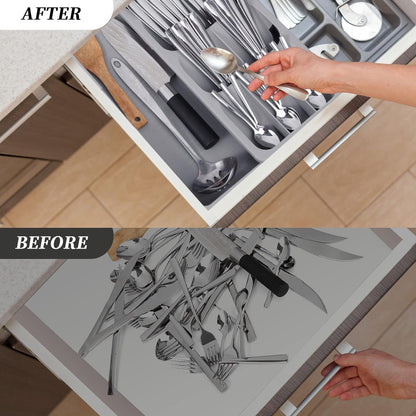 2 in 1 Storage Box - Cutlery Organizer - Cutlery Tray - Drawer Organizer - Multifunctional Cutlery Tray - Pull-out Cutlery Tray - Cutlery Tray Drawer Divider - Small Cutlery Tray for Kitchen - Storage Bins for Cutlery Storage - Gray - PP - 40.5*16.5*5.5cm - Image 2