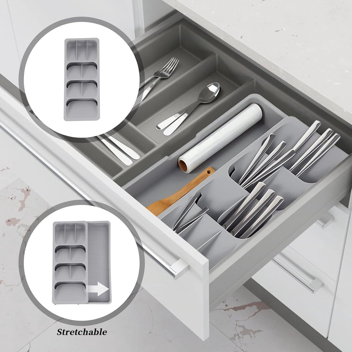 2 in 1 Storage Box - Cutlery Organizer - Cutlery Tray - Drawer Organizer - Multifunctional Cutlery Tray - Pull-out Cutlery Tray - Cutlery Tray Drawer Divider - Small Cutlery Tray for Kitchen - Storage Bins for Cutlery Storage - Gray - PP - 40.5*16.5*5.5cm - Image 3