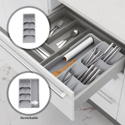 2 in 1 Storage Box - Cutlery Organizer - Cutlery Tray - Drawer Organizer - Multifunctional Cutlery Tray - Pull-out Cutlery Tray - Cutlery Tray Drawer Divider - Small Cutlery Tray for Kitchen - Storage Bins for Cutlery Storage - Gray - PP - 40.5*16.5*5.5cm - Image 3