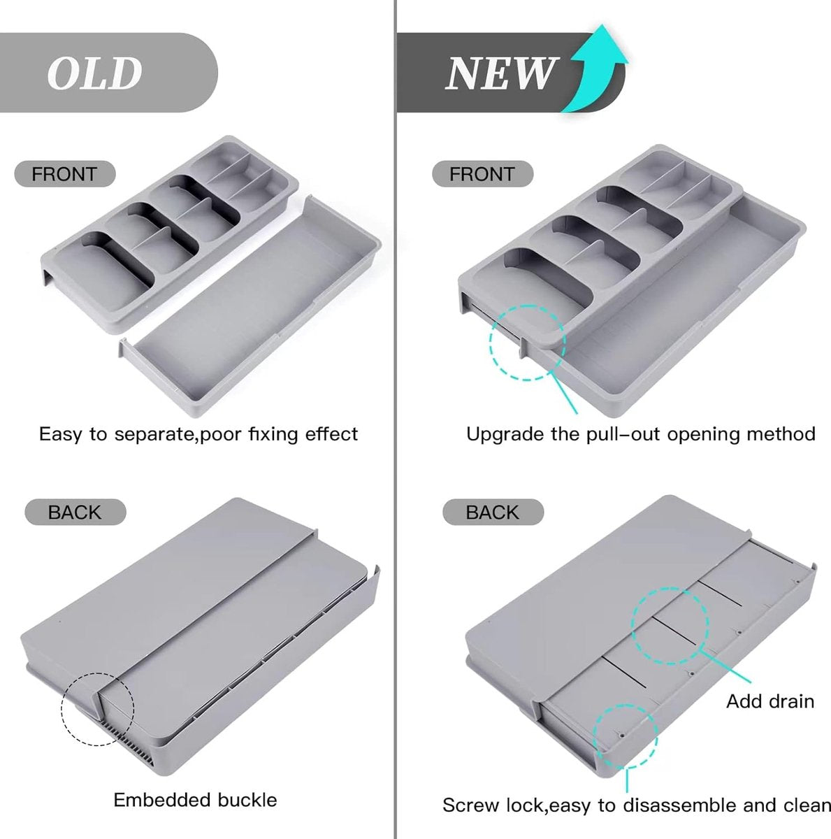 2 in 1 Storage Box - Cutlery Organizer - Cutlery Tray - Drawer Organizer - Multifunctional Cutlery Tray - Pull-out Cutlery Tray - Cutlery Tray Drawer Divider - Small Cutlery Tray for Kitchen - Storage Bins for Cutlery Storage - Gray - PP - 40.5*16.5*5.5cm - Image 4