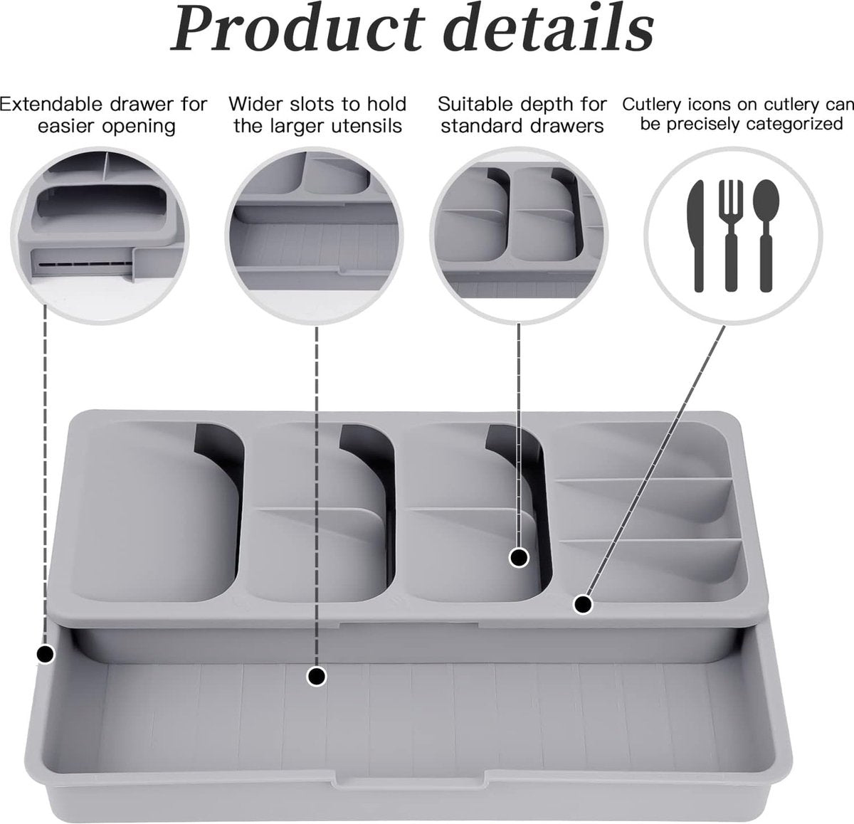 2 in 1 Storage Box - Cutlery Organizer - Cutlery Tray - Drawer Organizer - Multifunctional Cutlery Tray - Pull-out Cutlery Tray - Cutlery Tray Drawer Divider - Small Cutlery Tray for Kitchen - Storage Bins for Cutlery Storage - Gray - PP - 40.5*16.5*5.5cm - Image 5