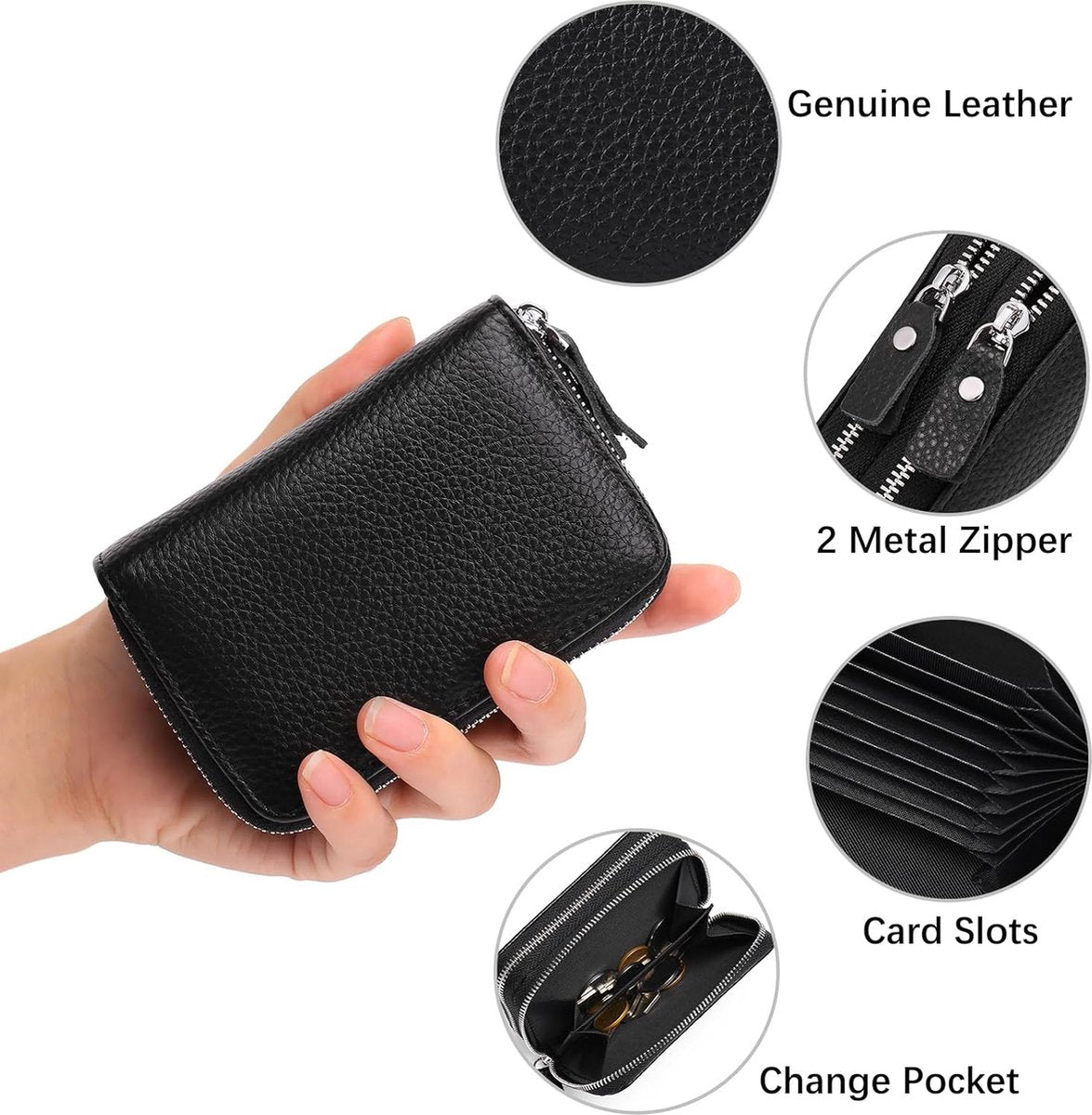 Wallet - RFID Credit Card Holder - Card Holder - Card Holder - 10 Cards with Zipper - Leather - Black - RFID Protection - Gift - 10*8.5*4cm - Image 2