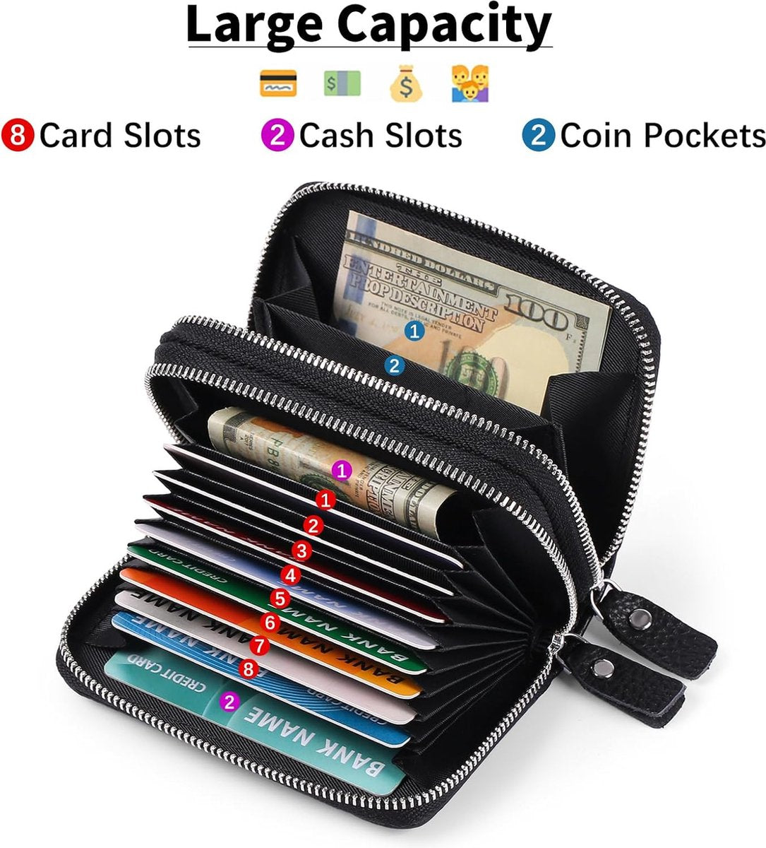 Wallet - RFID Credit Card Holder - Card Holder - Card Holder - 10 Cards with Zipper - Leather - Black - RFID Protection - Gift - 10*8.5*4cm - Image 3