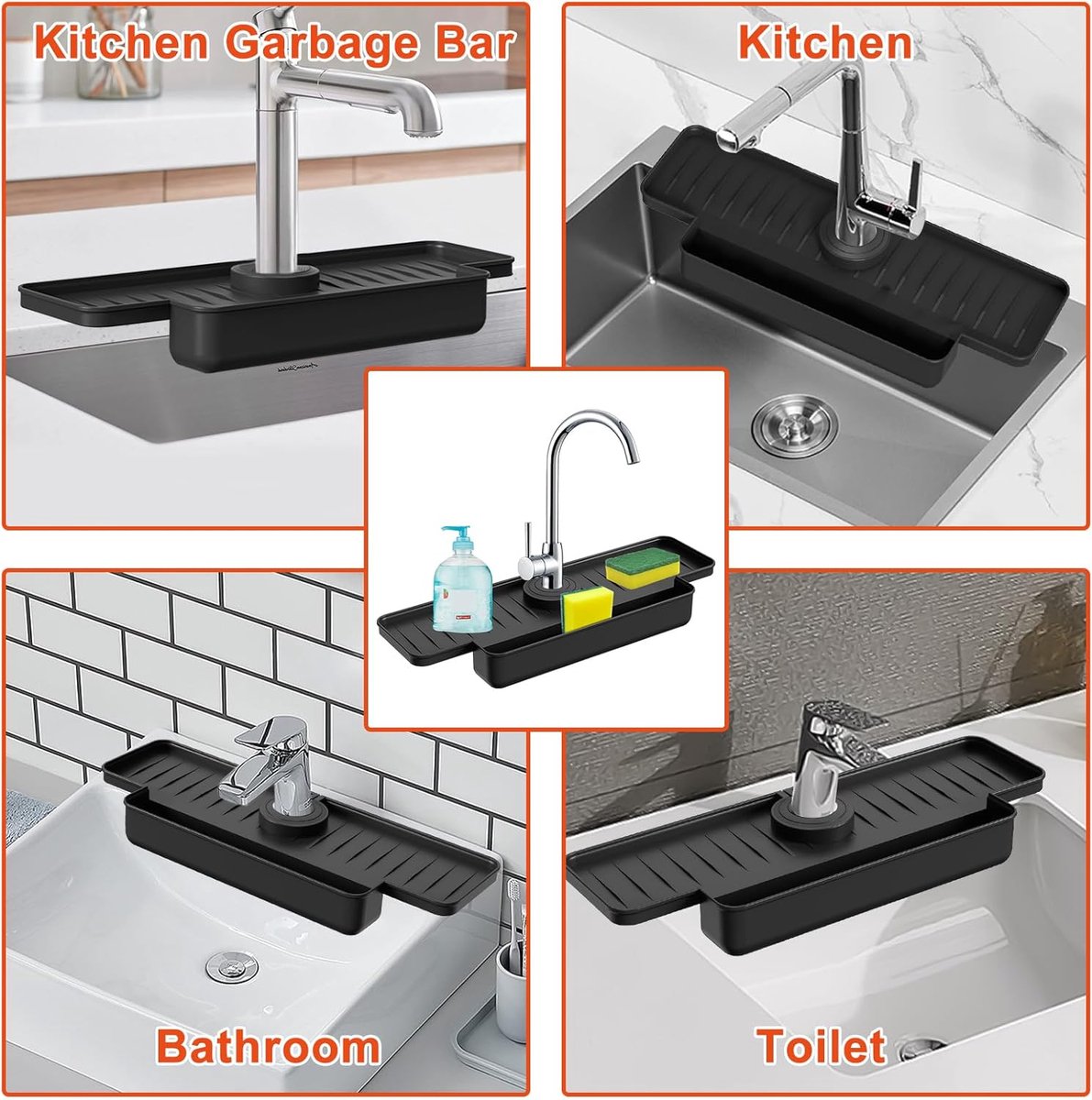 Silicone tap mat with sponge holder - tap drain mat - sink organizer - drain mat - BLACK - For kitchen, bathroom, countertop, worktop - 40 cm - Image 5