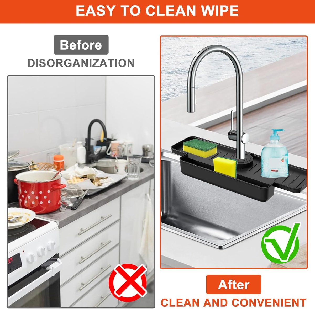 Silicone tap mat with sponge holder - tap drain mat - sink organizer - drain mat - BLACK - For kitchen, bathroom, countertop, worktop - 40 cm - Image 8