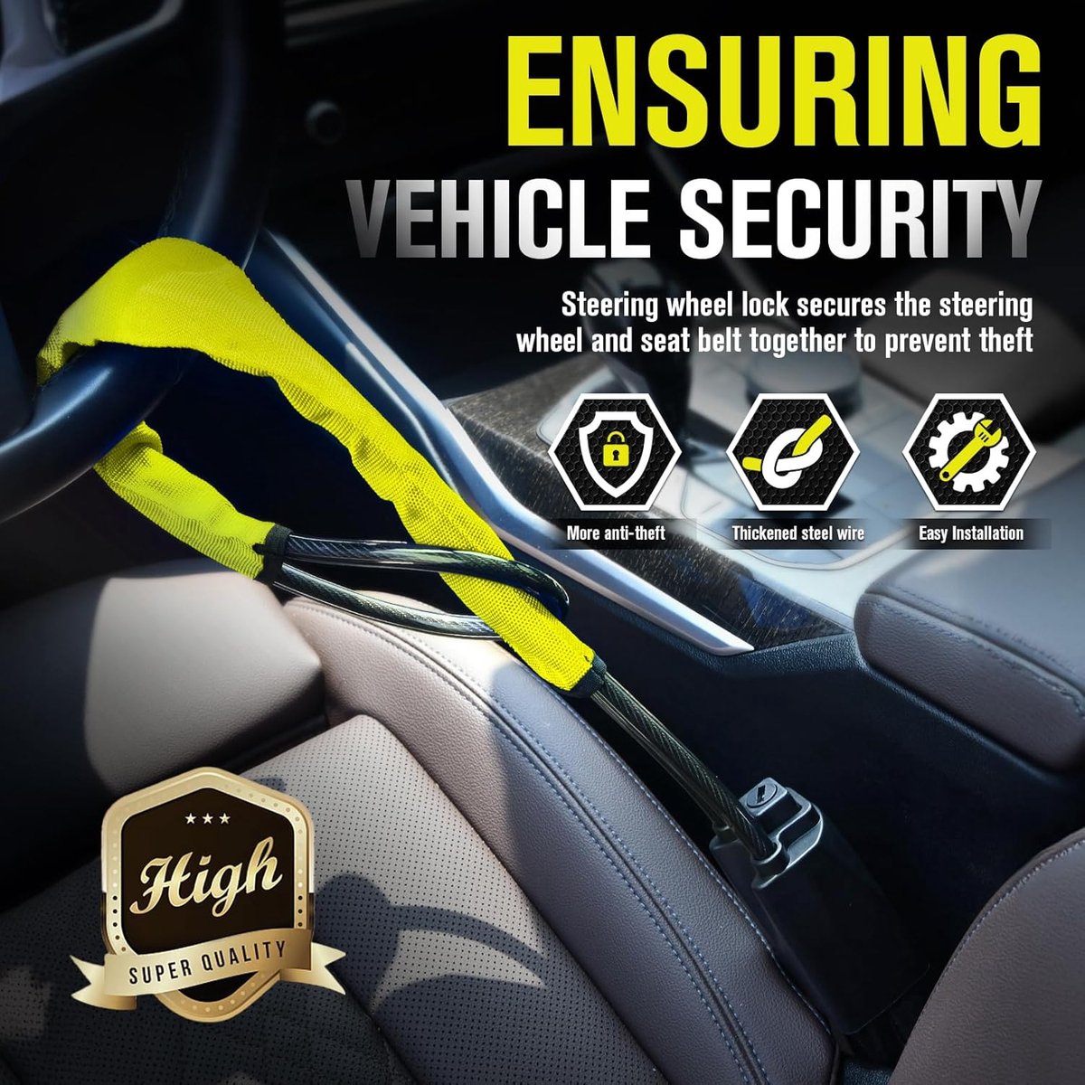 Steering Wheel Lock - Belt Lock - with 3 Keys - Yellow - Universal - Steering Wheel Anti-Theft Device - for Car Security - for Most Vehicles, Trucks, SUVs, Vans - Image 3