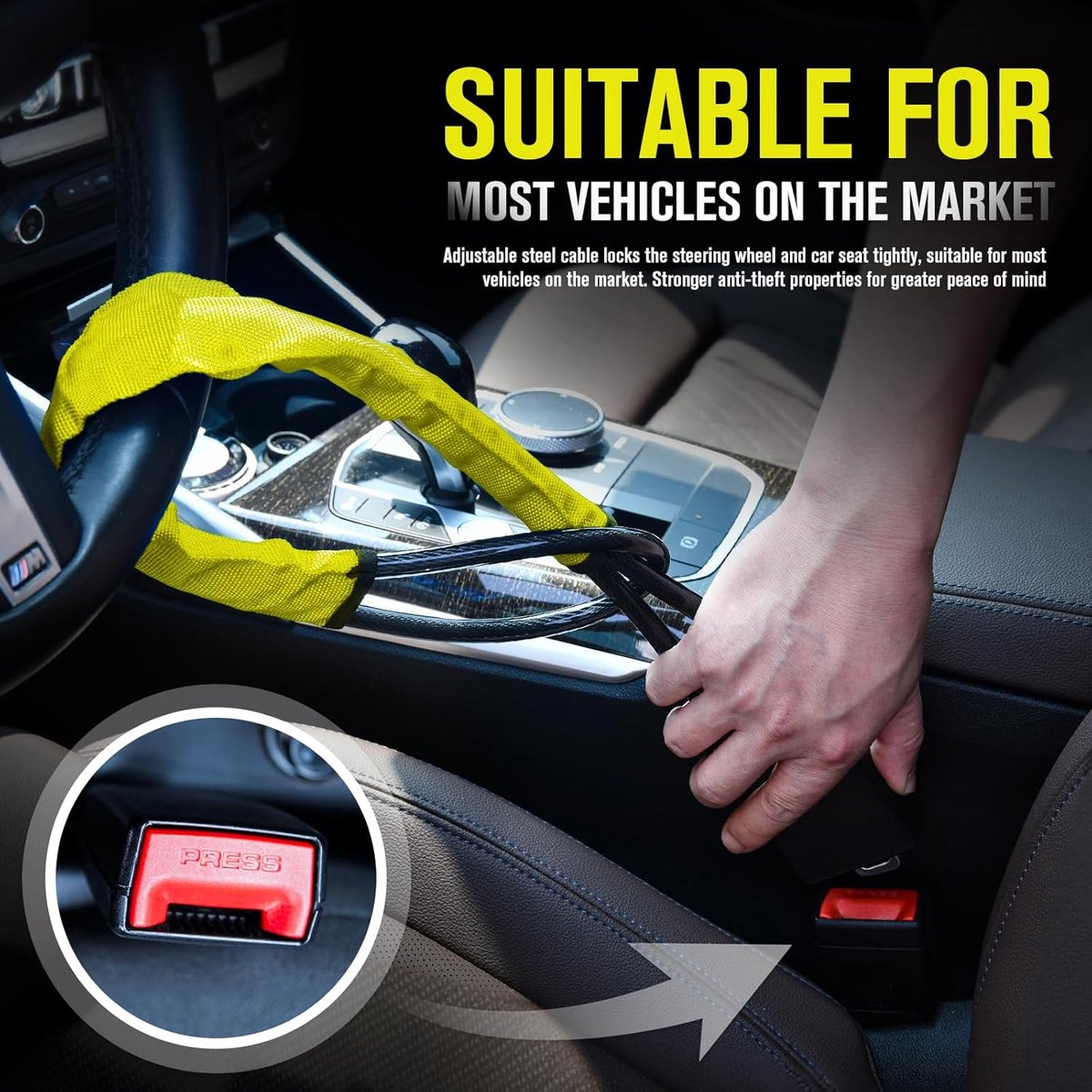 Steering Wheel Lock - Belt Lock - with 3 Keys - Yellow - Universal - Steering Wheel Anti-Theft Device - for Car Security - for Most Vehicles, Trucks, SUVs, Vans - Image 4