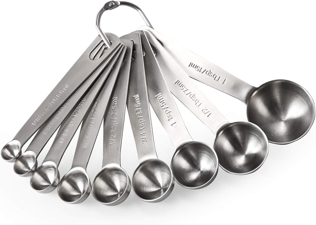 Measuring Spoons Set - 9 Pieces - Measuring Spoons Cups - BPA Free - Measuring Spoons - Measuring Spoons - Gram & ML Weighing - Measuring Spoons - Measuring Cups Spoons - Measuring Spoons - Stainless Steel - Silver - 15ml / 7.5ml / 5ml / 3.75ml / 2.5ml /