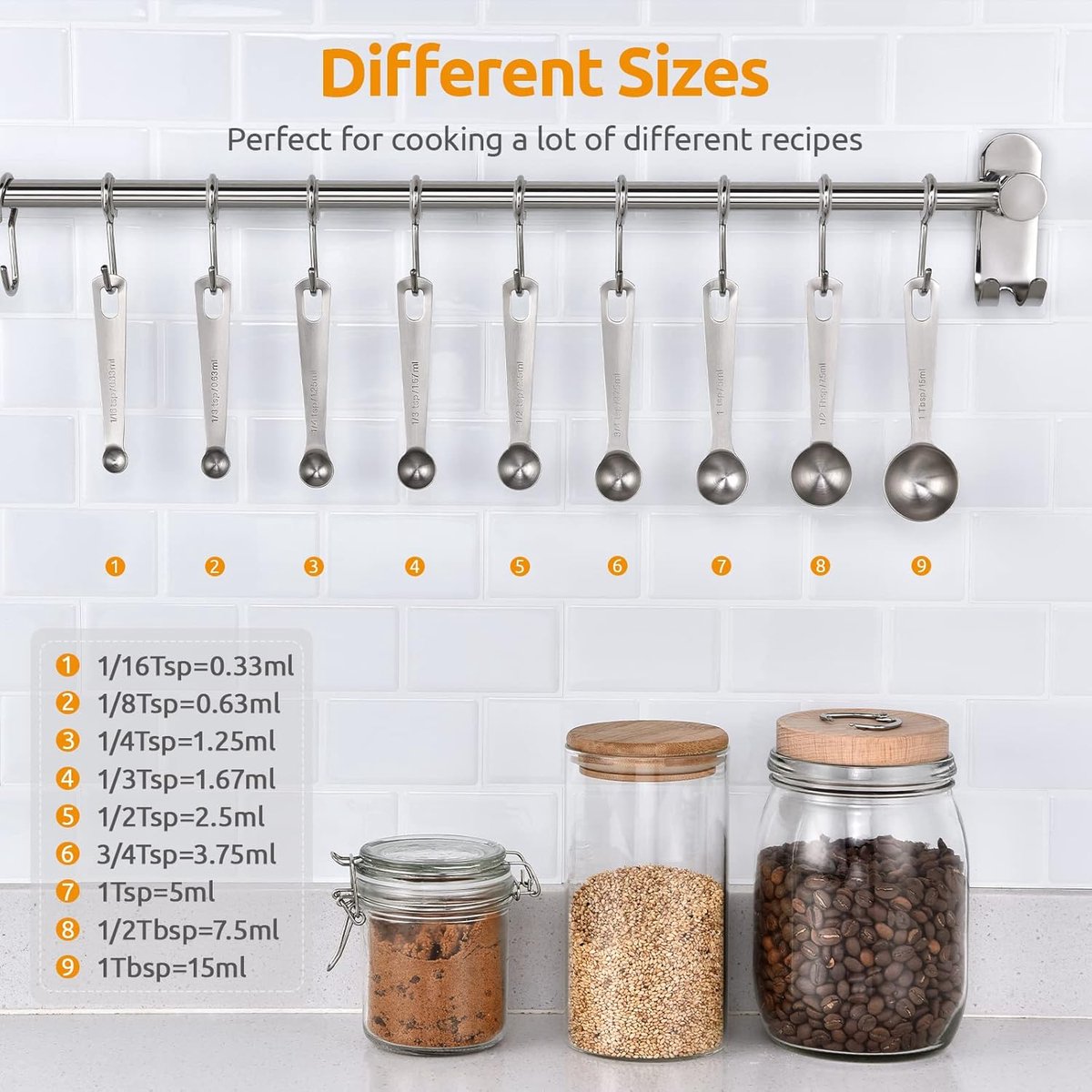 Measuring Spoons Set - 9 Pieces - Measuring Spoons Cups - BPA Free - Measuring Spoons - Measuring Spoons - Gram & ML Weighing - Measuring Spoons - Measuring Cups Spoons - Measuring Spoons - Stainless Steel - Silver - 15ml / 7.5ml / 5ml / 3.75ml / 2.5ml /  - Image 6