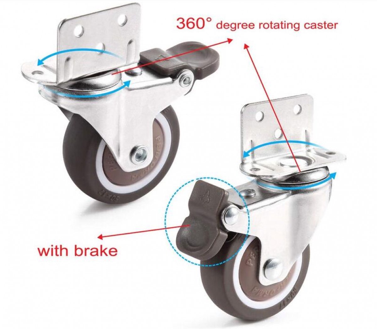 Casters Set of 4 with Brakes - 25mm + Screws TPR Rubber Heavy Duty Wheels 15KG - Furniture Casters for Furniture - Casters for Trolley - Heavy Duty Casters - Rubber Trolley Wheels - Image 3