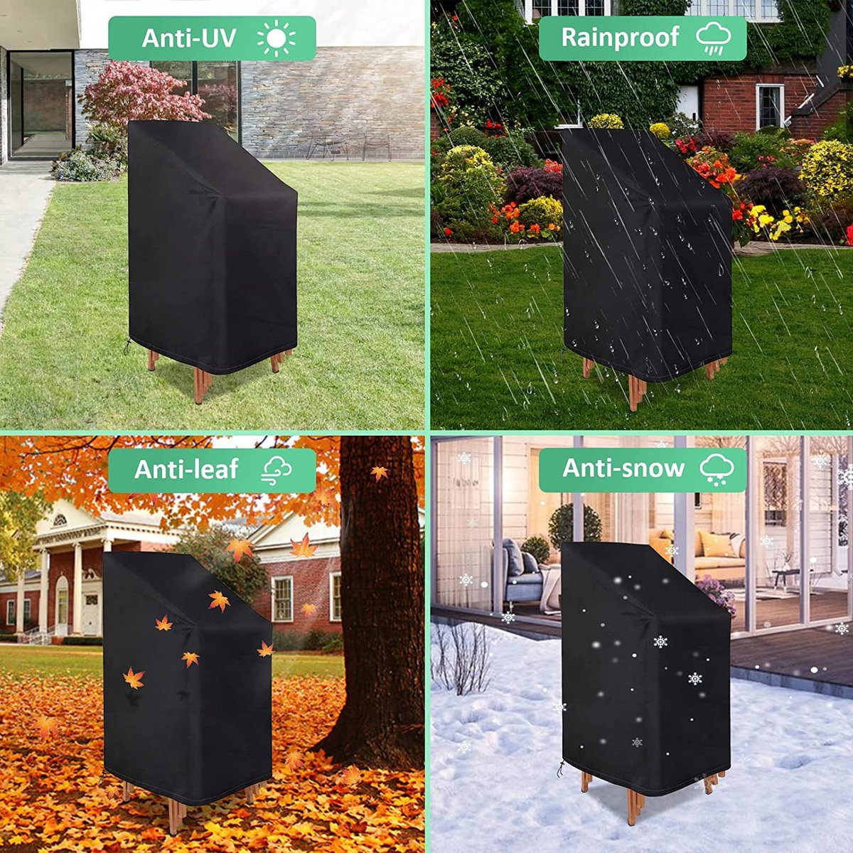 Waterproof garden chair covers - Pack of 2 - Garden furniture cover - Waterproof, weatherproof outdoor chair cover - 210D Oxford - Outdoor chair cover - Patio stacking chair cover - Black stacking chair cover - 75 x 75 x 120 cm - Black - Image 5