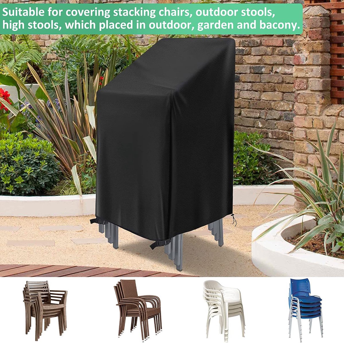 Waterproof garden chair covers - Pack of 2 - Garden furniture cover - Waterproof, weatherproof outdoor chair cover - 210D Oxford - Outdoor chair cover - Patio stacking chair cover - Black stacking chair cover - 75 x 75 x 120 cm - Black - Image 6