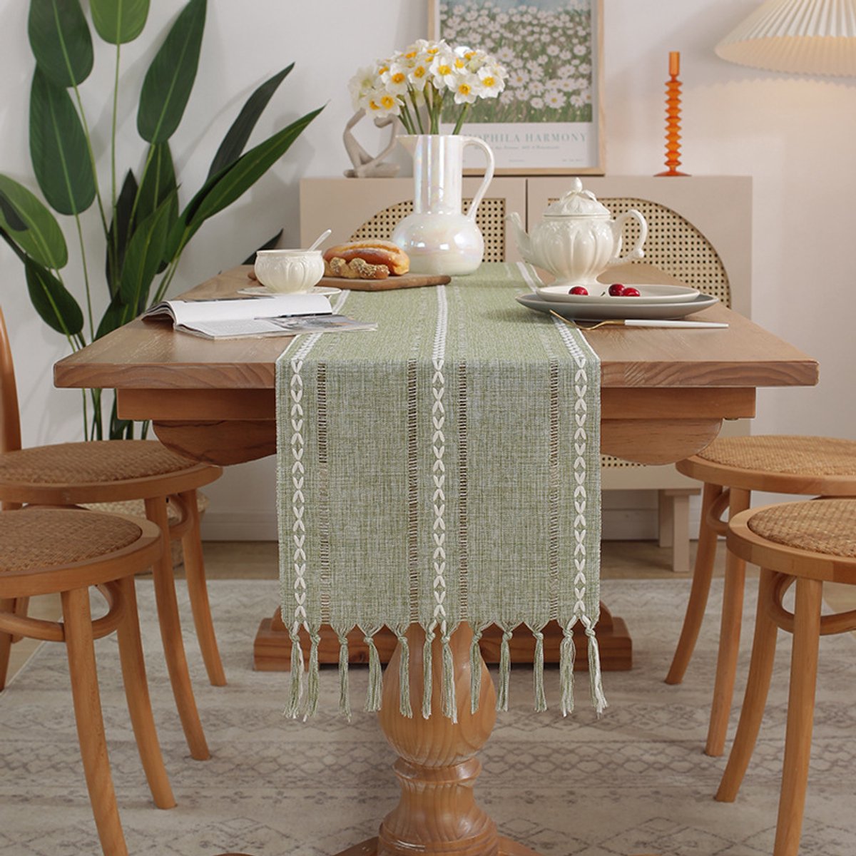 Table Runner - Bohemian Style Table Runner - 33 x 120cm - Green - Polyester - Rustic Farmhouse Style Table Runner - For Party & Dining Decorations - Boho Tassel Embroidered Table Runners - Image 2