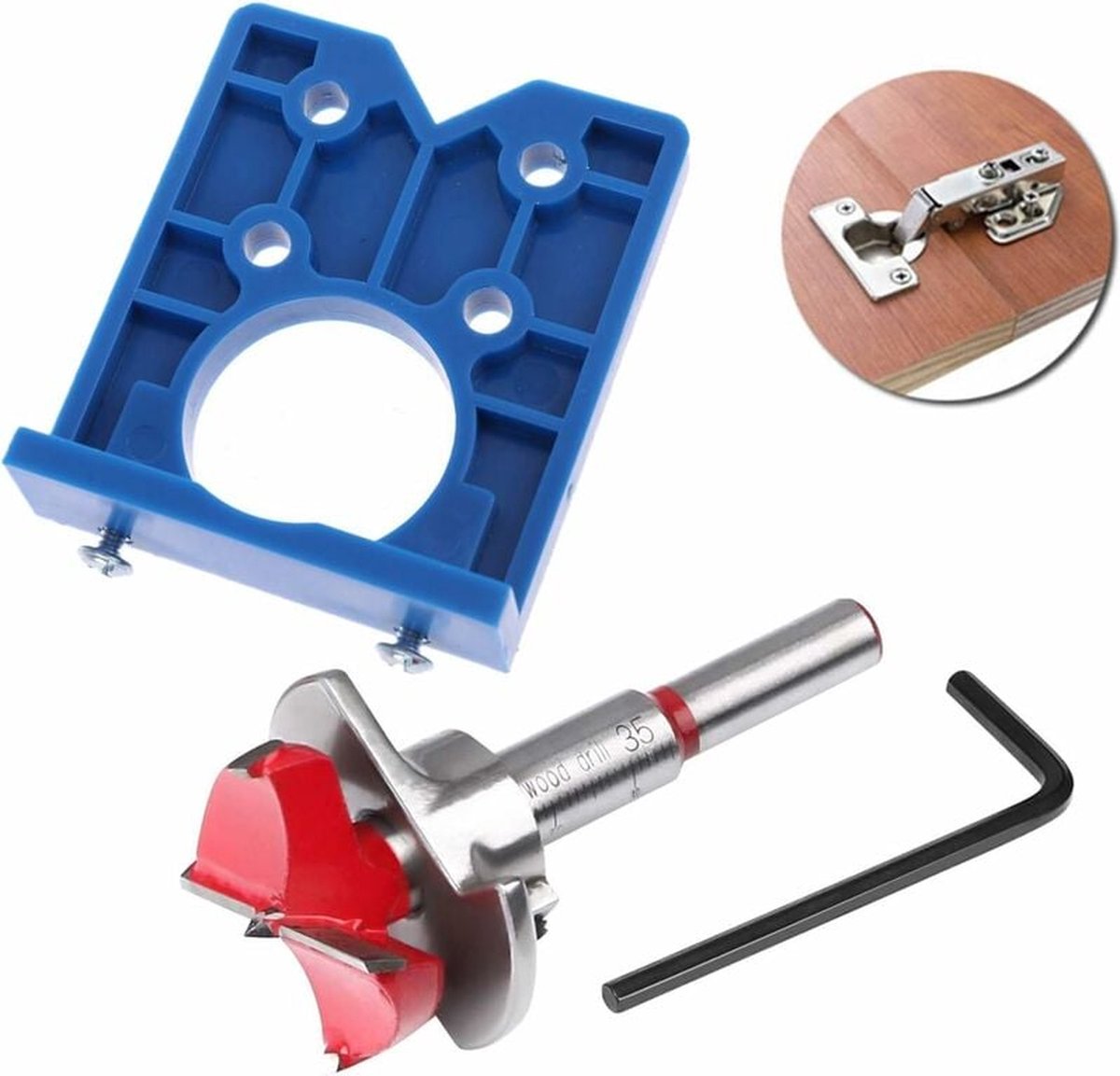 Drill guide - hinge gauge - Drill bit accessories - for 35mm hinge holes - 77*66mm - PP, TPR, carbon steel - blue - for carpentry, cabinet hinges and mounting plates - Image 4
