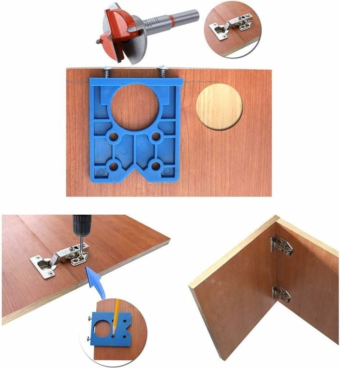Drill guide - hinge gauge - Drill bit accessories - for 35mm hinge holes - 77*66mm - PP, TPR, carbon steel - blue - for carpentry, cabinet hinges and mounting plates - Image 5