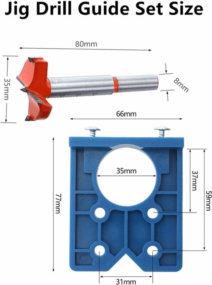 Drill guide - hinge gauge - Drill bit accessories - for 35mm hinge holes - 77*66mm - PP, TPR, carbon steel - blue - for carpentry, cabinet hinges and mounting plates - Image 6