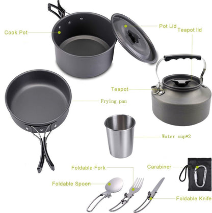 Cookware - 9-piece - for camping, outdoor, hiking, picnic, BBQ, foldable camping pans - safe and BPA - Suitable for 2-3 people camping pan set - Image 2