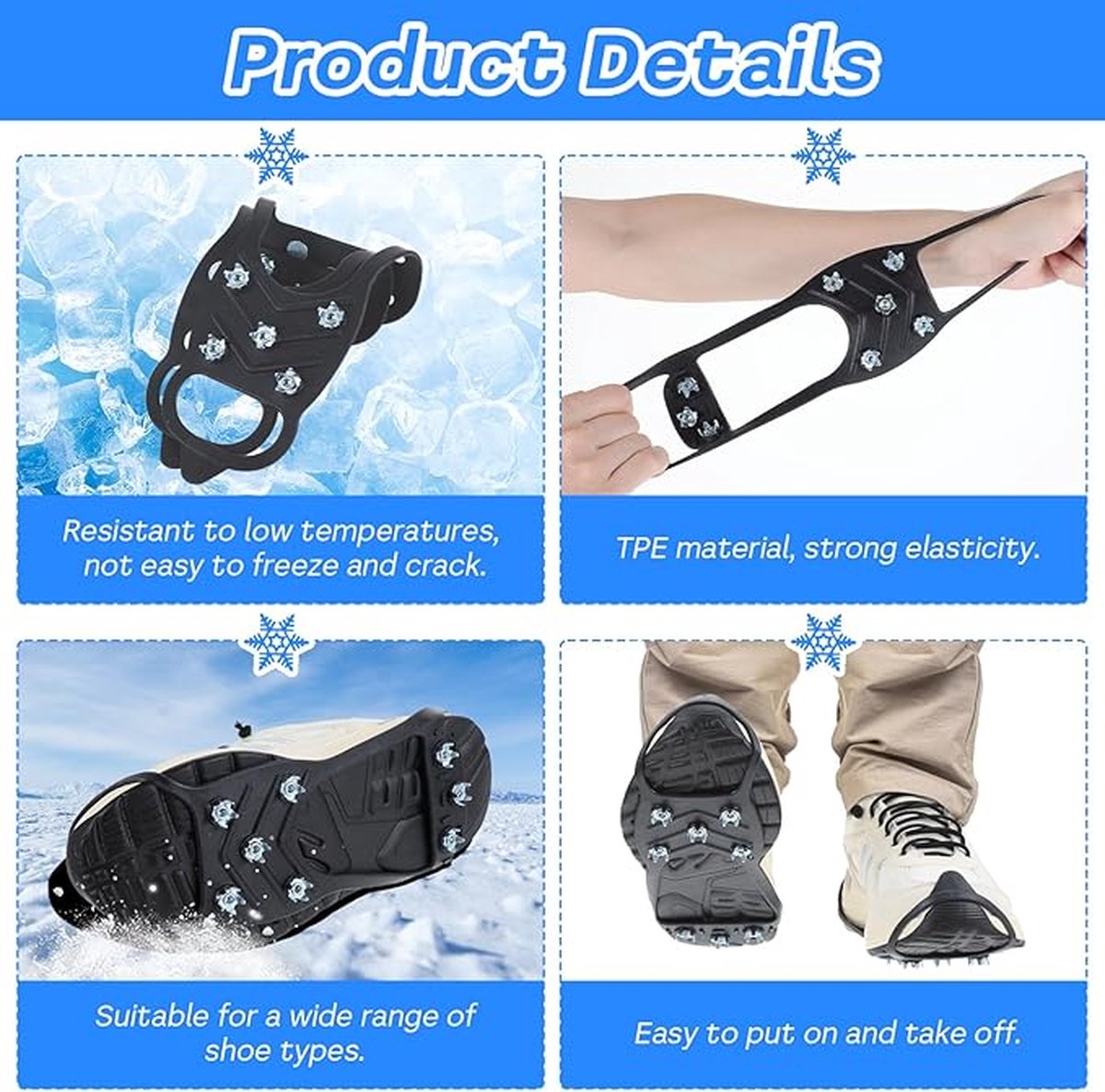 1 pair - Anti-slip spikes for under shoes - Size 41-46 - anti-slip gripper spikes claw - Snow shoes - black - Silicone - Image 5