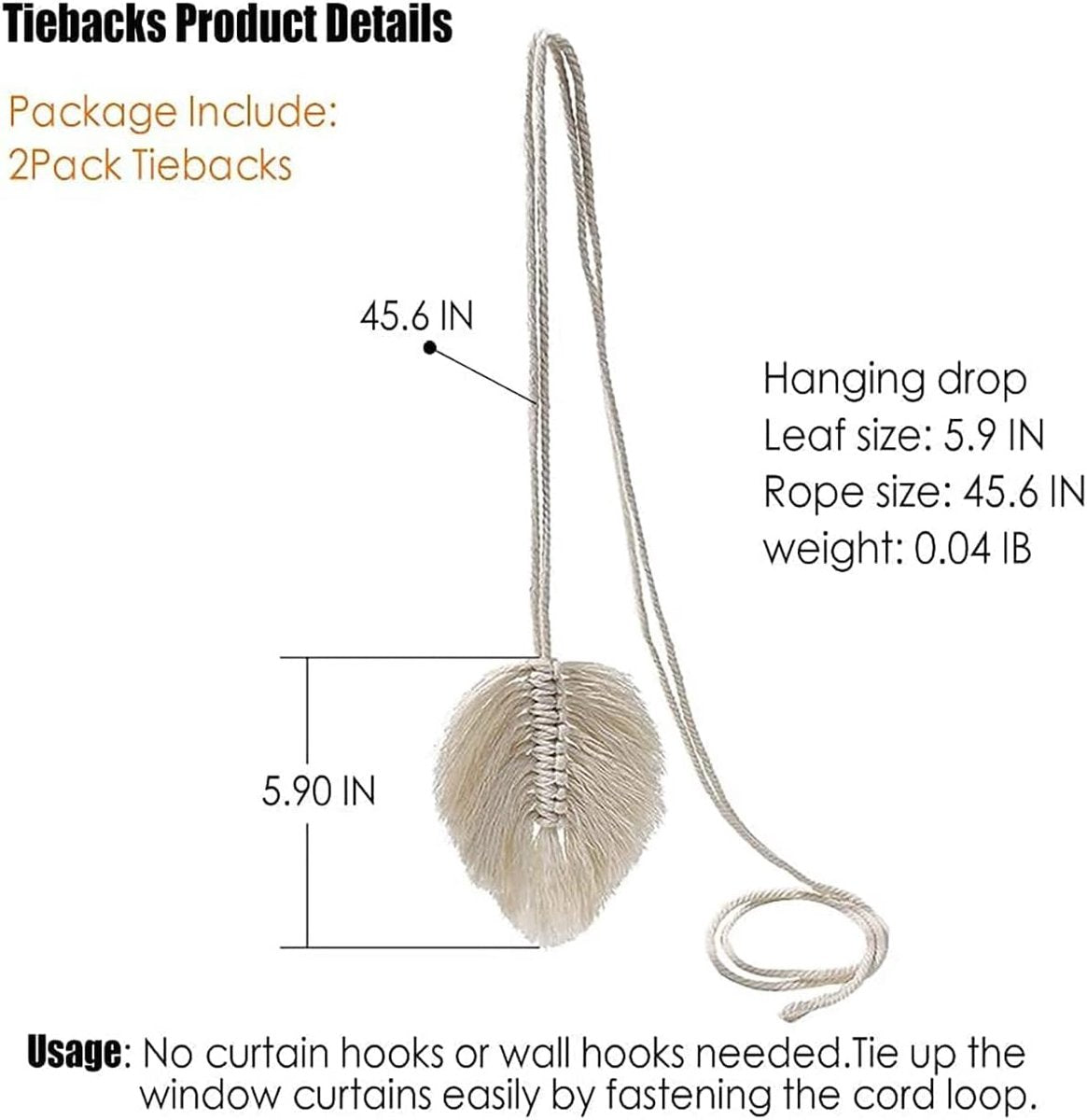 Curtain Holder - 2 Pieces - Curtain Tie Back - Curtain Tie Rope - Curtain Tie Back Hook - Curtain Ties - Beige - 116 cm Long - Image 2