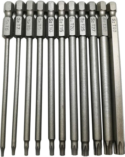 11 pieces - Screwdriver bits - Screwdriver bit set - Long Torx screwdriver set - Hollow Torx bit set - S2 steel - with security head - hexagon shaft - 100mm - T6 T7 T8 T9 T10 T15 T20 T25 T27 T30 T40