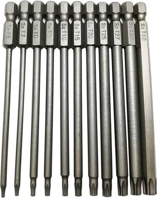 11 pieces - Screwdriver bits - Screwdriver bit set - Long Torx screwdriver set - Hollow Torx bit set - S2 steel - with security head - hexagon shaft - 100mm - T6 T7 T8 T9 T10 T15 T20 T25 T27 T30 T40