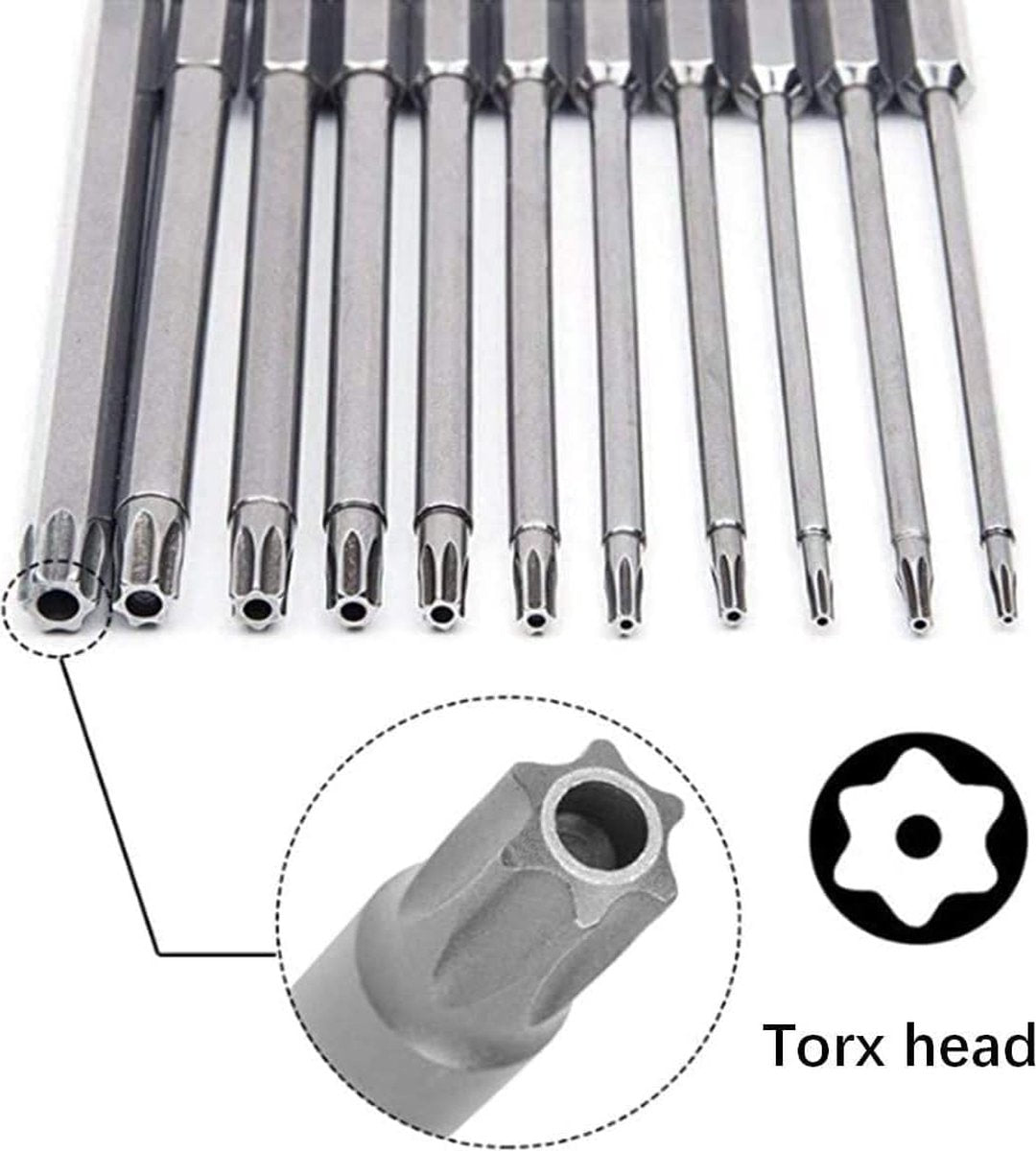 11 pieces - Screwdriver bits - Screwdriver bit set - Long Torx screwdriver set - Hollow Torx bit set - S2 steel - with security head - hexagon shaft - 100mm - T6 T7 T8 T9 T10 T15 T20 T25 T27 T30 T40 - Image 2