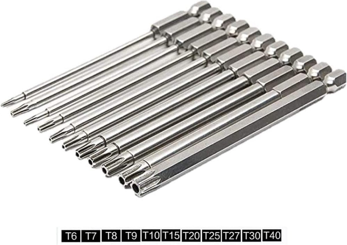 11 pieces - Screwdriver bits - Screwdriver bit set - Long Torx screwdriver set - Hollow Torx bit set - S2 steel - with security head - hexagon shaft - 100mm - T6 T7 T8 T9 T10 T15 T20 T25 T27 T30 T40 - Image 3