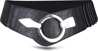 Wide Women's Belt - Women's Belt - Waistband - Belt - Elastic Cinch Belt - Black - Leather - Double Ring Buckle - Dress Accessory - Fashion Crochet Belt - Length: 80-95 cm, Width: 6 cm - for dresses coats
