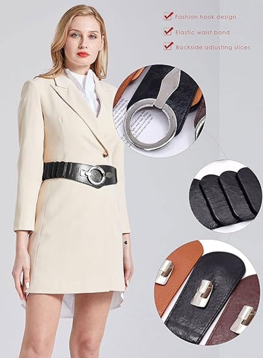 Wide Women's Belt - Women's Belt - Waistband - Belt - Elastic Cinch Belt - Black - Leather - Double Ring Buckle - Dress Accessory - Fashion Crochet Belt - Length: 80-95 cm, Width: 6 cm - for dresses coats - Image 3