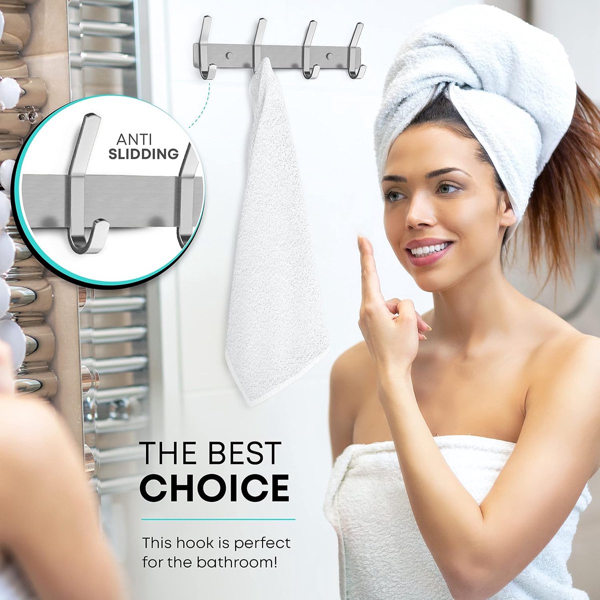 Wardrobe hooks - 6 hooks Stainless steel - Hook strip - Clothes hooks - For wall, wardrobe rail, wall wardrobe for bedroom, bathroom, kitchen - Silver - Coat hooks - 40.5 cm - Image 2