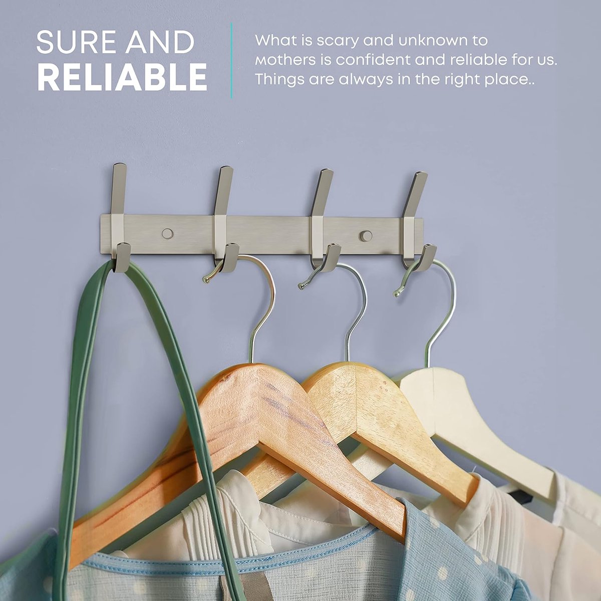 Wardrobe hooks - 6 hooks Stainless steel - Hook strip - Clothes hooks - For wall, wardrobe rail, wall wardrobe for bedroom, bathroom, kitchen - Silver - Coat hooks - 40.5 cm - Image 6