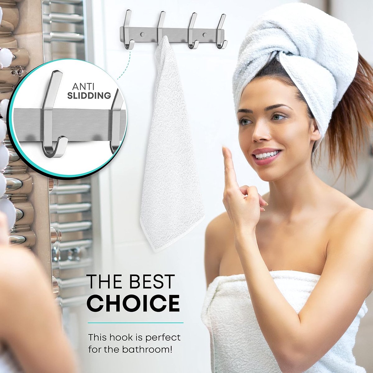 Wardrobe hooks - 5 hooks Stainless steel - Hook strip - Clothes hooks - For wall, wardrobe rail, wall wardrobe for bedroom, bathroom, kitchen - Silver - Coat hooks - 38 cm - Image 5
