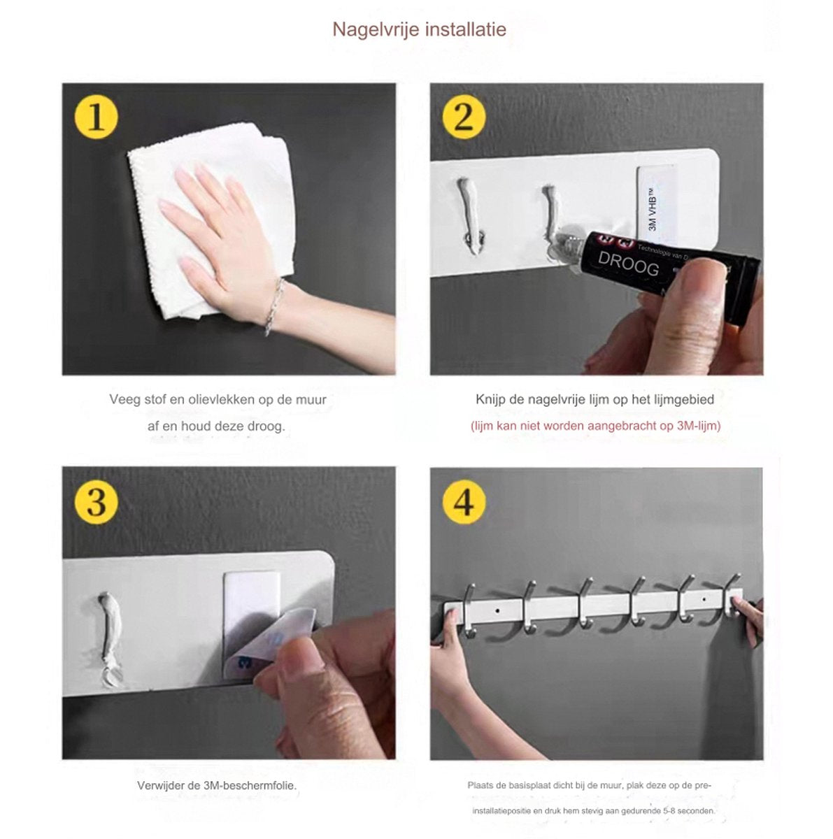 Wardrobe hooks - 5 hooks Stainless steel - Hook strip - Clothes hooks - For wall, wardrobe rail, wall wardrobe for bedroom, bathroom, kitchen - Silver - Coat hooks - 38 cm - Image 7