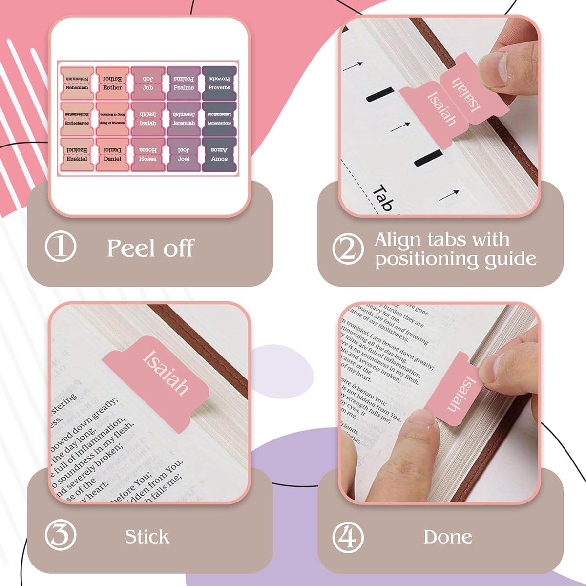 Bible Tab Stickers Self-Adhesive - Tabs Paper - Accessories - Bible Study - English Version - Easy to Read and Use Bible Journaling - Pink-Gray - 75 Laminated Bible Tabs - Image 3