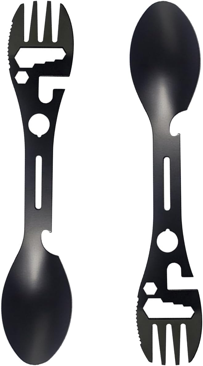 Stainless Steel Spoon and Fork - 10-in-1 Multi-Tool - Works as a combination spoon, fork, knife, bottle opener and wrench - Ideal for picnics, travel, backpacking, hiking and fishing - Black - Image 3