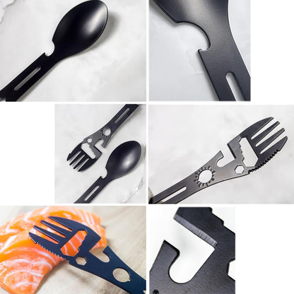 Stainless Steel Spoon and Fork - 10-in-1 Multi-Tool - Works as a combination spoon, fork, knife, bottle opener and wrench - Ideal for picnics, travel, backpacking, hiking and fishing - Black - Image 5