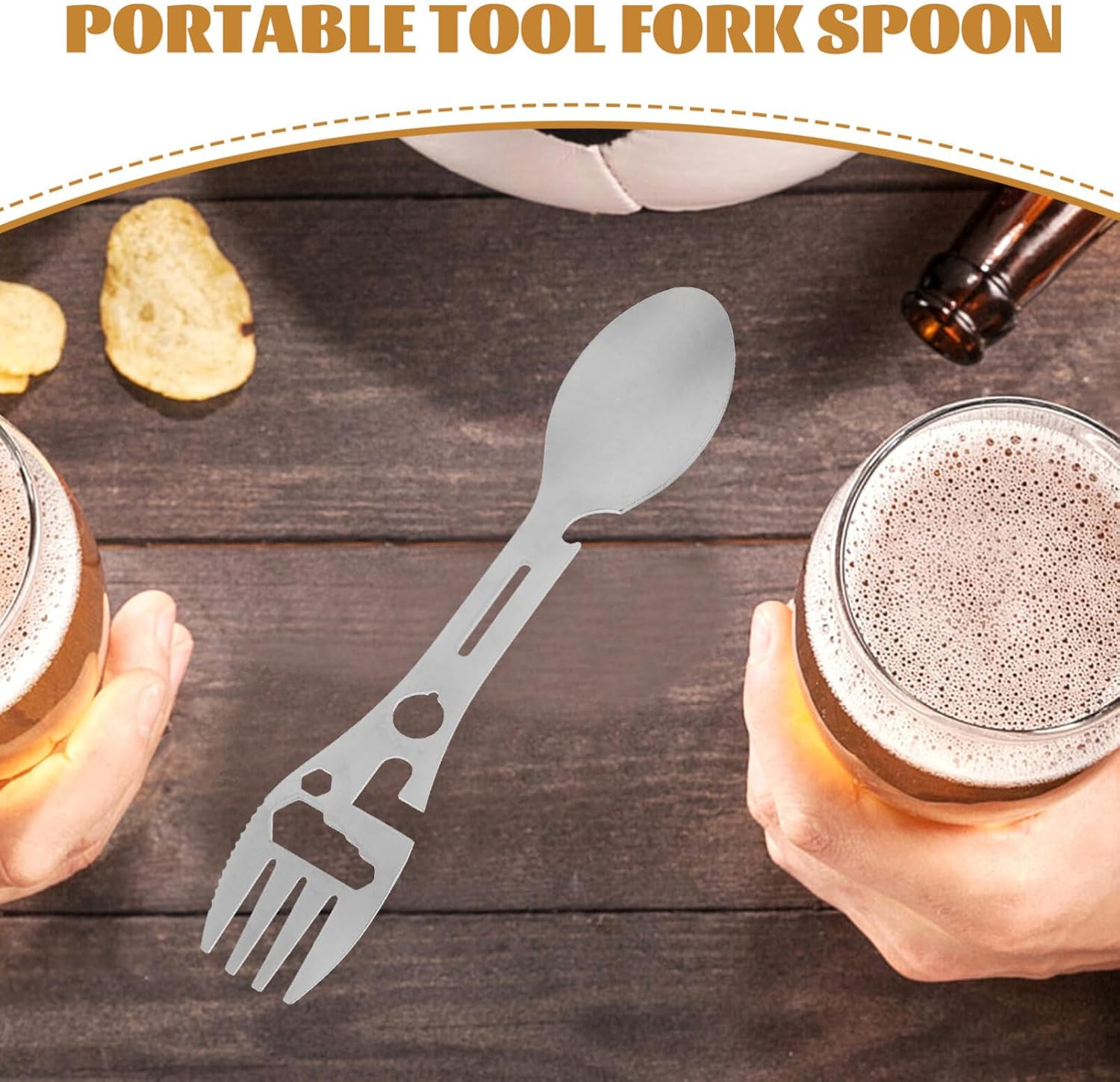 Stainless Steel Spoon and Fork - 10-in-1 Multi-Tool - Works as a combination spoon, fork, knife, bottle opener and wrench - Ideal for picnics, travel, backpacking, hiking and fishing - Silver - Image 2