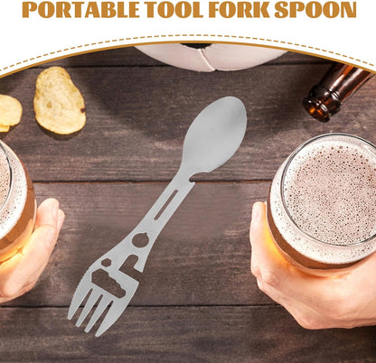 Stainless Steel Spoon and Fork - 10-in-1 Multi-Tool - Works as a combination spoon, fork, knife, bottle opener and wrench - Ideal for picnics, travel, backpacking, hiking and fishing - Silver - Image 2