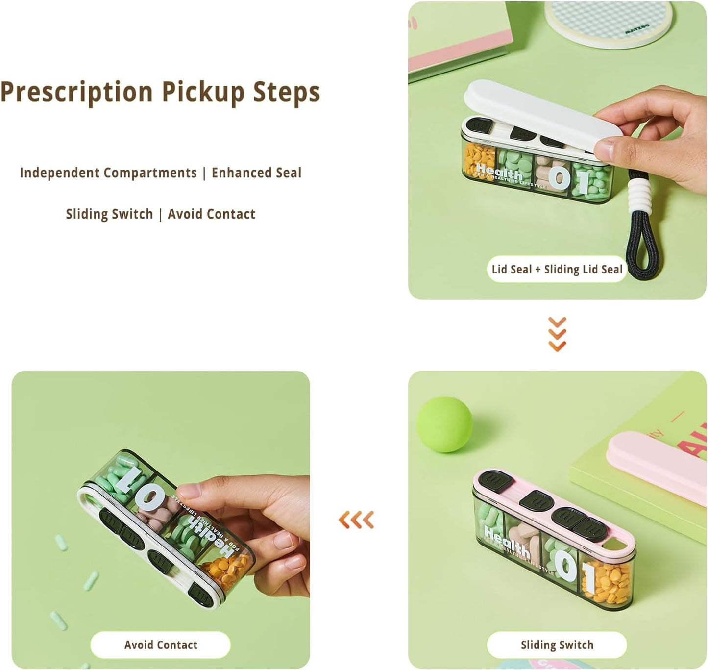 Medicine Box - Four-Compartment Pill Box - Compact and Portable Travel Pill Box - Only 11.5cm, Perfect for Storing Daily Vitamins, Supplements, and Pills - Set of 2 (Light Pink, White) - Image 2