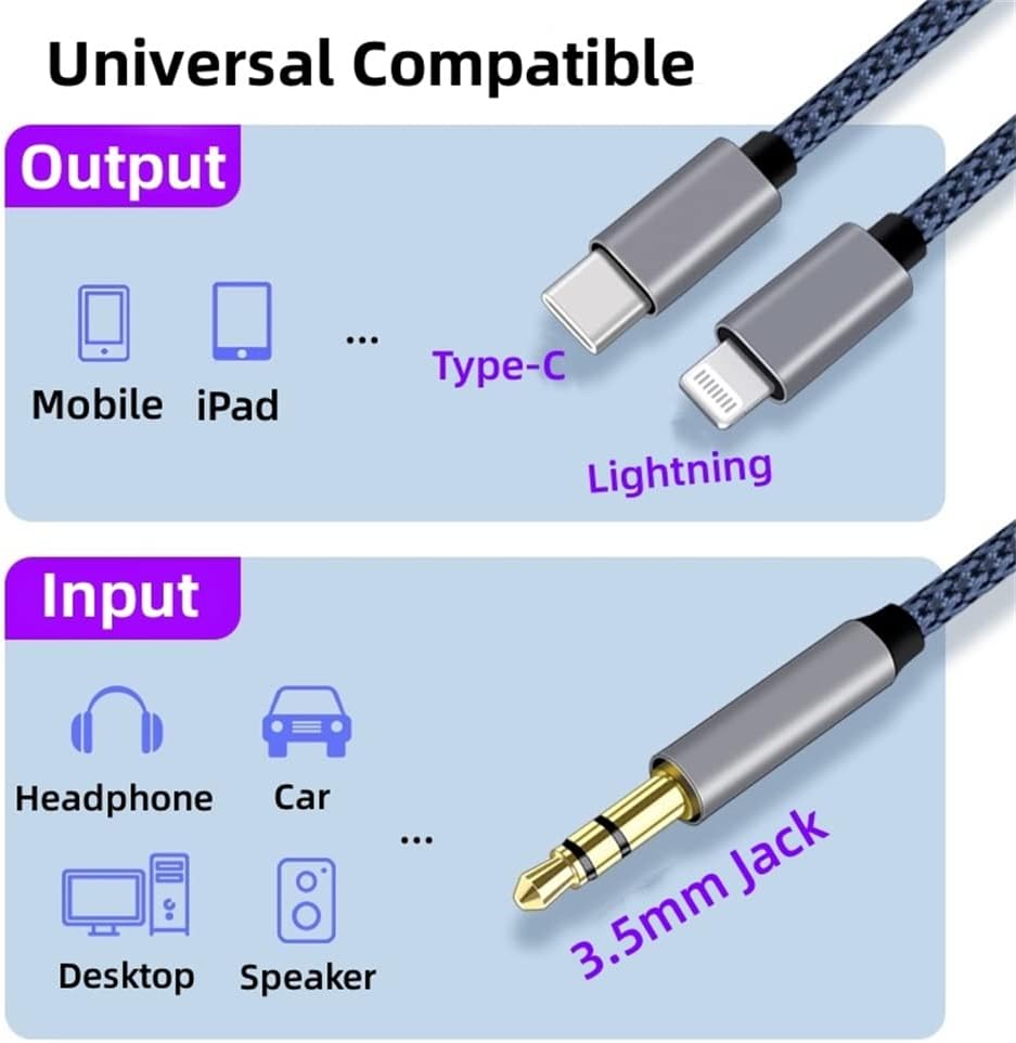 USB C \u0026 Lightning to 3.5mm Aux Audio Adapter Cable Braided Nylon - Image 3