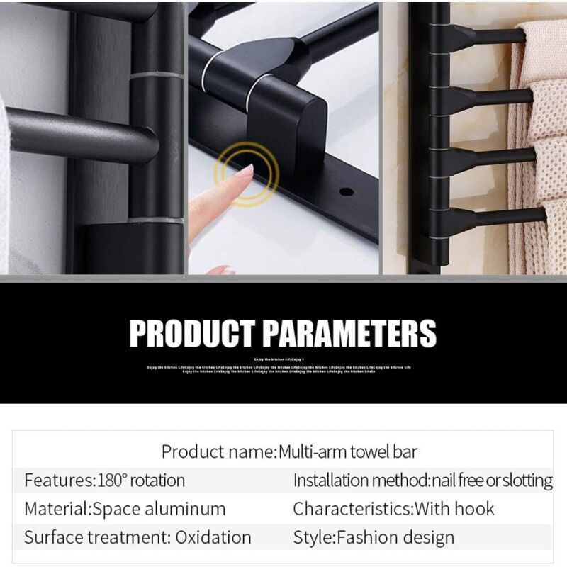 Swivel towel rack wall mounted bathroom towel holder rotating rack space saving 4 arms black - Image 4