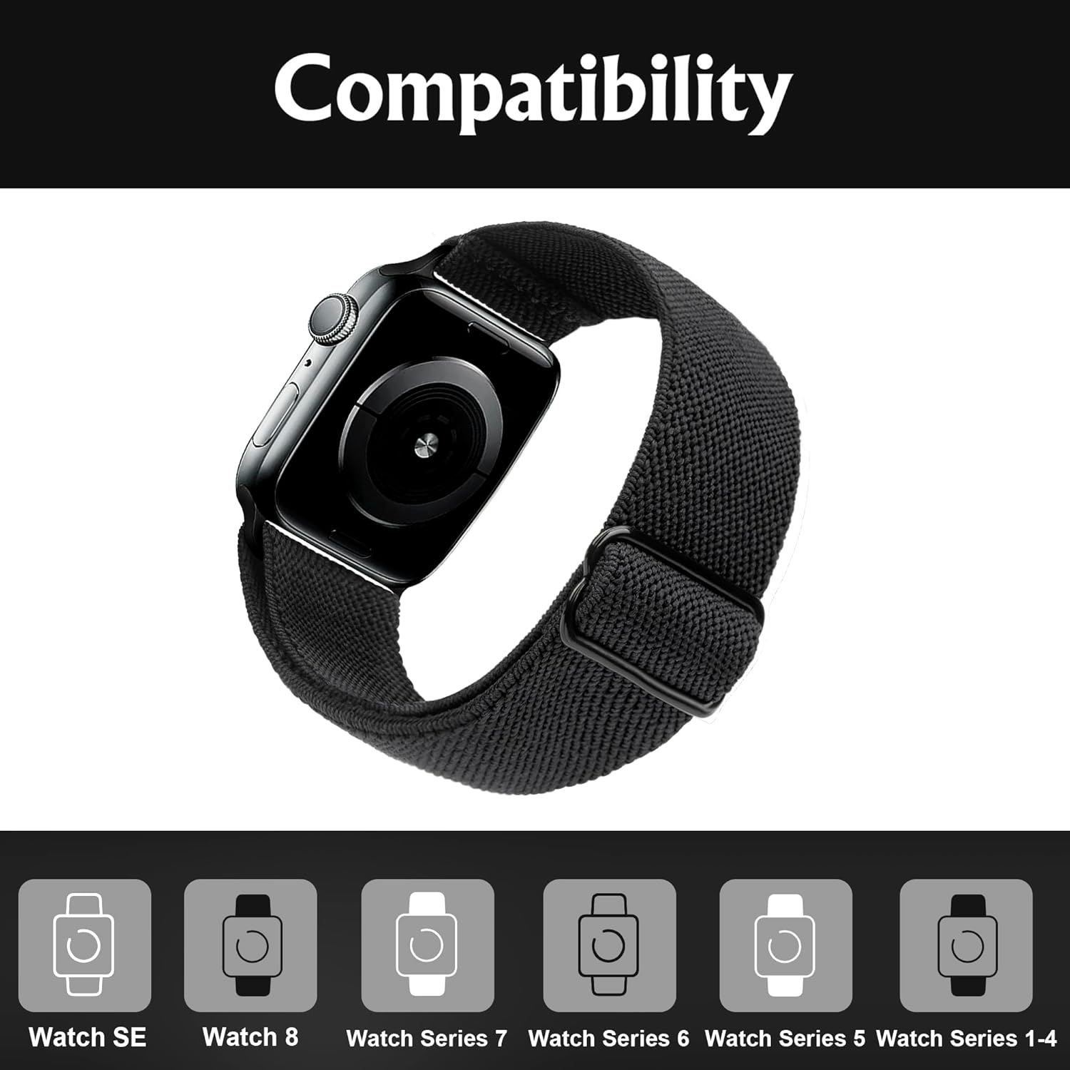 Compatible with Apple Watch Stretch Band Apple Watch 45mm 44mm 42mm Adjustable Sport Bracelet for Men and Women Black - Image 2