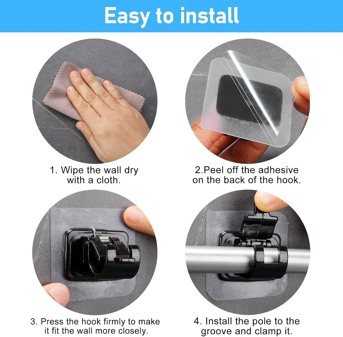 6 pcs Self-Adhesive Curtain Rod Holders, Nail-Free Adjustable Curtain Rod Brackets, Curtain Rod Wall Mounts (Black) - Image 3