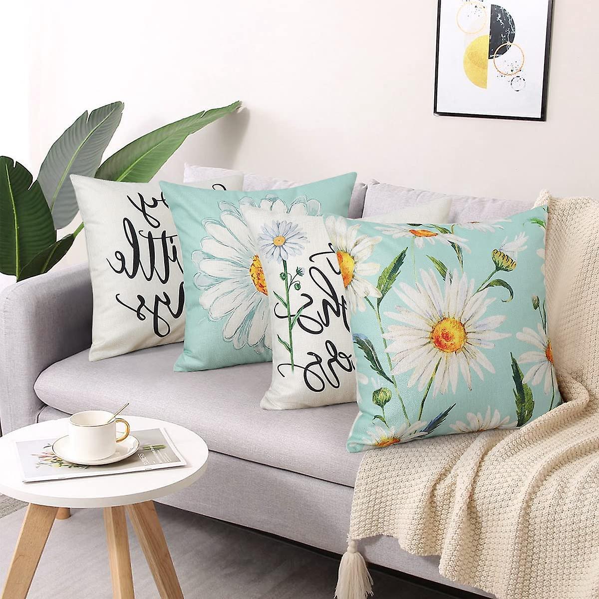 Cushion Cover Set of 4 45x45 cm Daisy Cotton Decorative Cushions Compatible with Modern Garden Living Room Bedroom Decor - Image 2