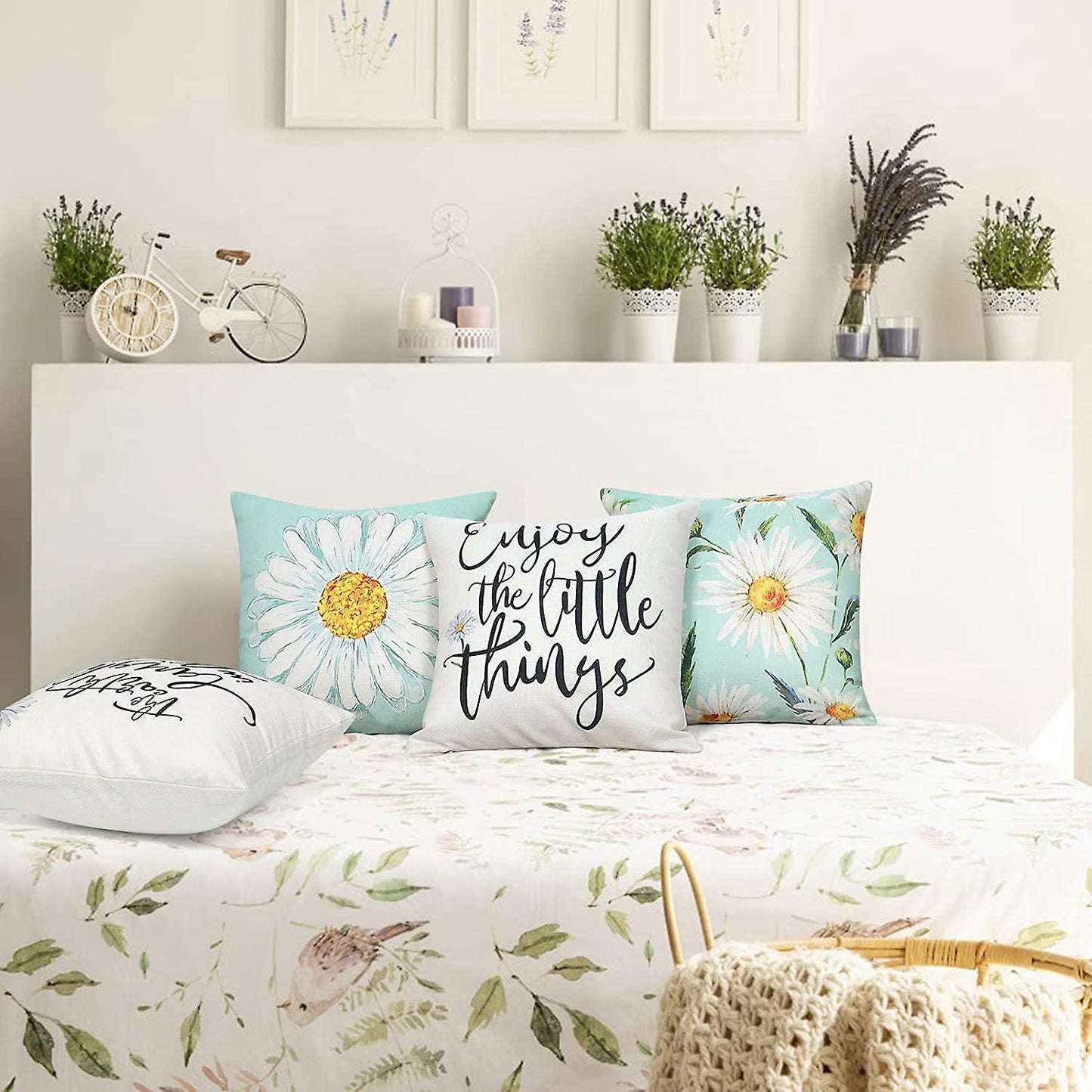 Cushion Cover Set of 4 45x45 cm Daisy Cotton Decorative Cushions Compatible with Modern Garden Living Room Bedroom Decor - Image 4