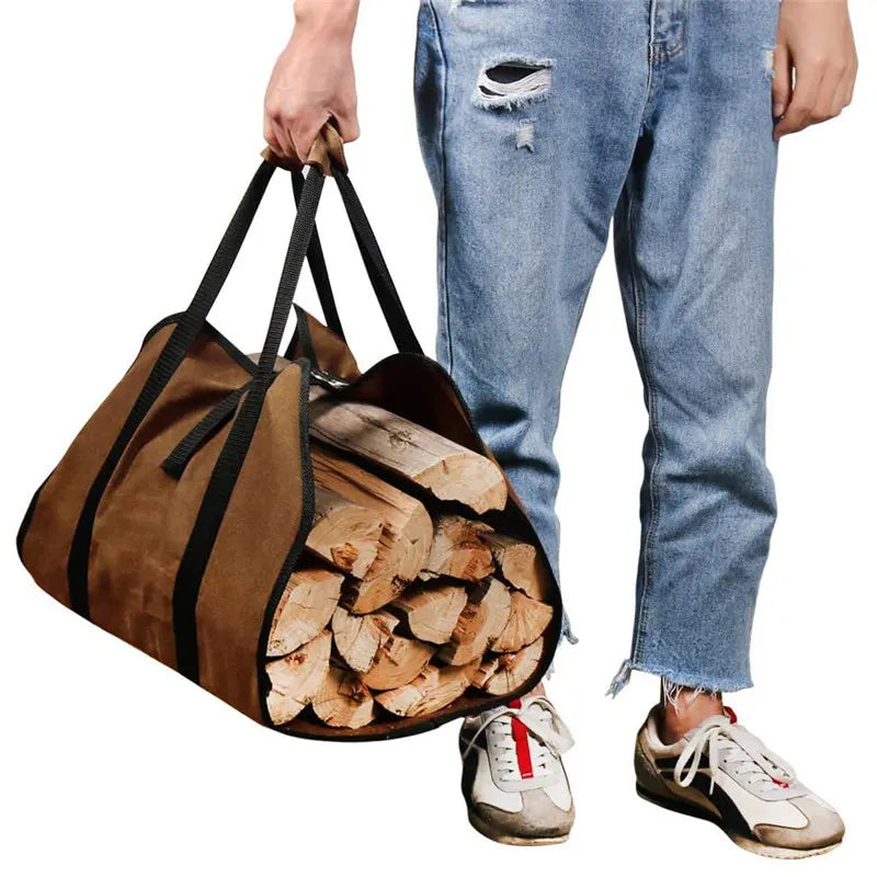 Canvas Firewood Basket Bag Water-Resistant Foldable for Wood-Burning Stoves Camping Accessories