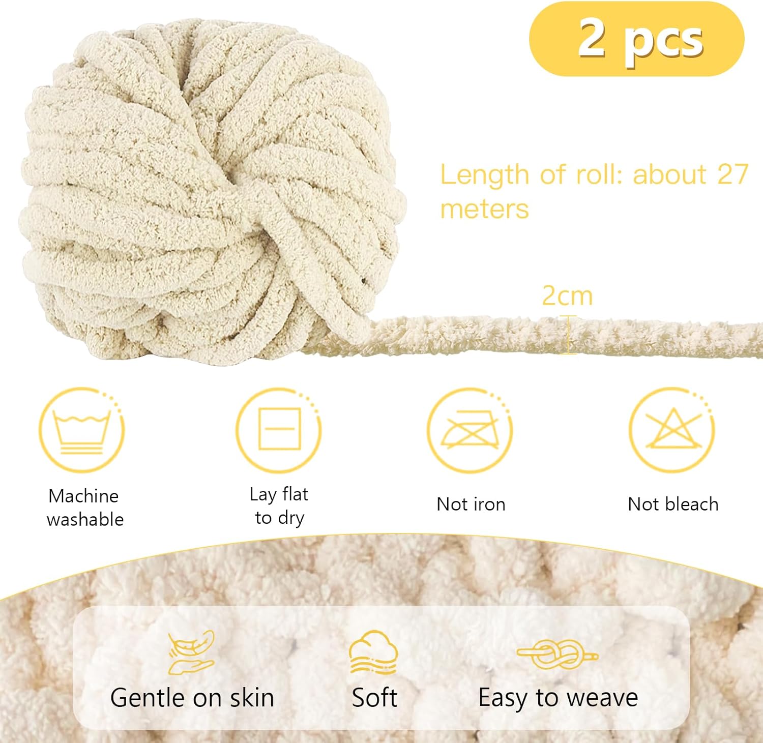Chunky Chenille Fur Yarn Soft Wool Knitting Yarn 500g (250gx2) approx 54m Compatible with Crochet for Blankets Scarfs Hats Beige - Image 2