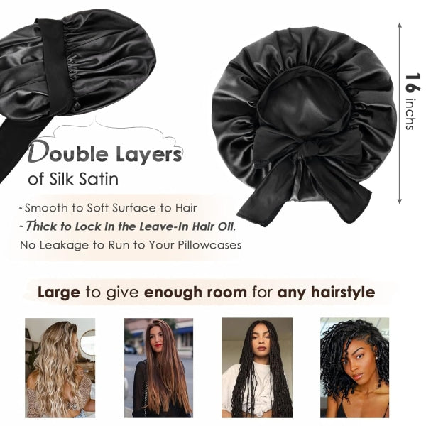 Satin Cap Silk Cap For Sleeping Double Layer Satin Lined Hair Cap With Ribbon Bonnet For Women Naturally Curly Hair Black black - Image 3