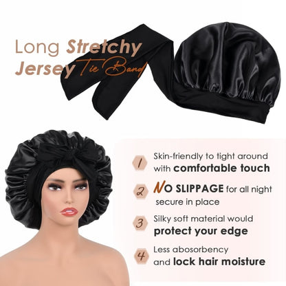 Satin Cap Silk Cap For Sleeping Double Layer Satin Lined Hair Cap With Ribbon Bonnet For Women Naturally Curly Hair Black black - Image 4