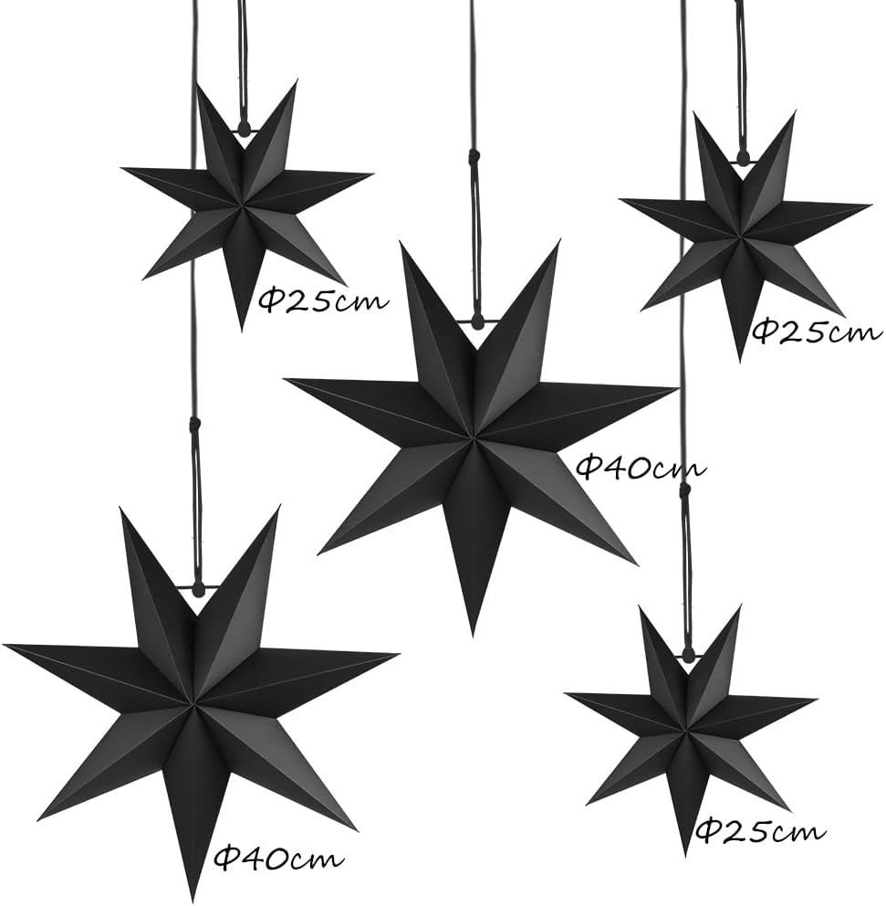Hanging Christmas Decorations, 5 pcs Hanging Black Stars, Black Paper Star, 3 pcs Diameter 25cm, 2 pcs Diameter 40cm for Wedding, Christmas Party, DIY Black - Image 2